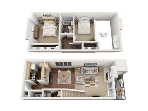 A 3D floor plan of a house with two bedrooms and a living area.